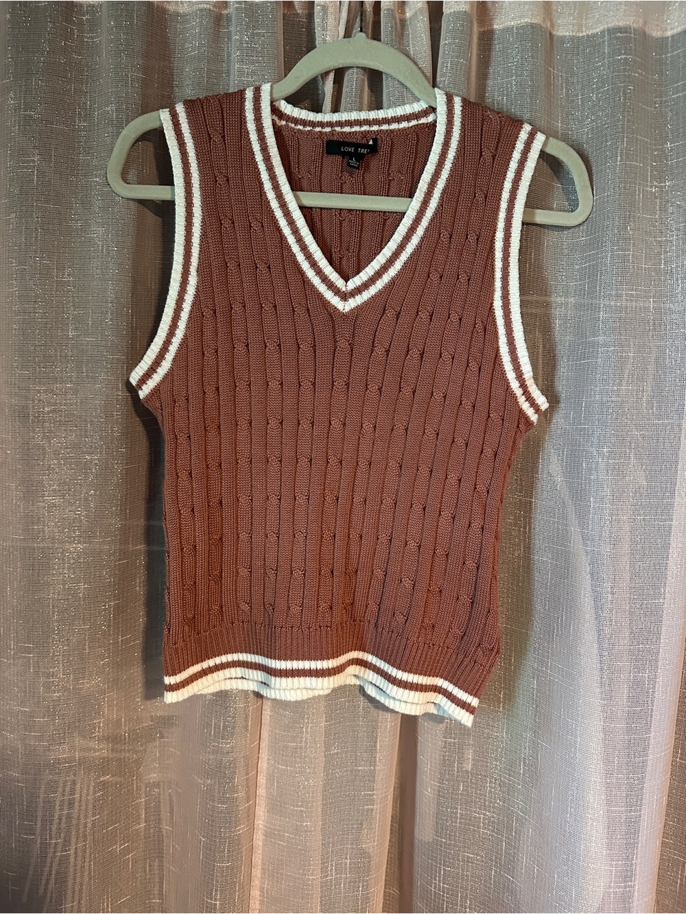 Love Tree Rust Cable-Knit V-Neck Sweater Vest with White Trim